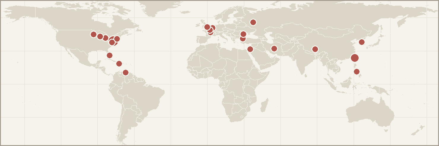 Map of today's story locations: Iran, Istanbul, Moscow, Sulina, Washington, Miami, Secaucus, Toledo, Virginia, Minneapolis, Europe, Tibet, Taiwan, Hebron, France, Trappes, Port-au-Prince, Caracas, Korea, Philippines, Milwaukee, London.