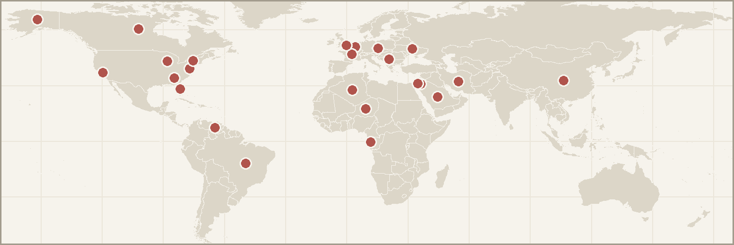 Map of today's story locations: Iran, Saudi Arabia, Ukraine, Florida, California, Alaska, Washington, New York, Canada, E.U., China, Brazil, France, Jordan, Serbia, Israel, Venezuela, Algeria, Niger, U.K., Czech Republic, Gabon, Milwaukee, Atlanta.
