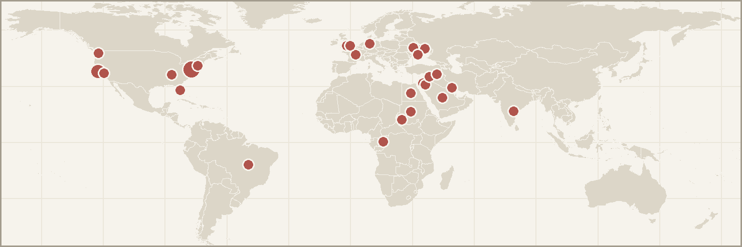 Map of today's story locations: Persian Gulf, Egypt, Saudi Arabia, RAF Fairford, Ukraine, Kyiv, Kharkiv, Oleshky, California, Washington, Manhattan, Israel, Hebron, Jordan, Syria, Sinjar, Nyala, Sudan, Congo, Andhra Pradesh, Brazil, France, Neustadt am Rübenberge, San Francisco, Redmond, St. Petersburg, Fla., London, Nashville.