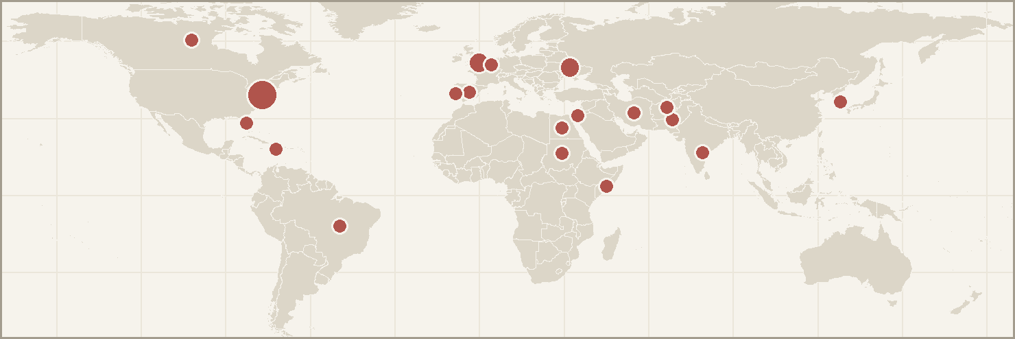 Map of today's story locations: Iran, Ukraine, Washington, Brazil, E.U., Israel, Spain, Sudan, Andhra Pradesh, Somalia, U.K., Caribbean, Egypt, Portugal, Canada, Pakistan, Afghanistan, South Korea, Tampa.
