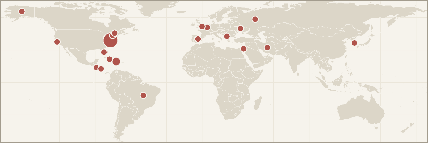 Map of today's story locations: Iran, Washington, Russia, Ukraine, Alaska, New York, Cuba, Montreal, Europe, Spain, Israel, Brazil, Florida, South Korea, El Salvador, Haiti, Nicaragua, Kosovo, Mountain View, London, St. Petersburg, Fla..