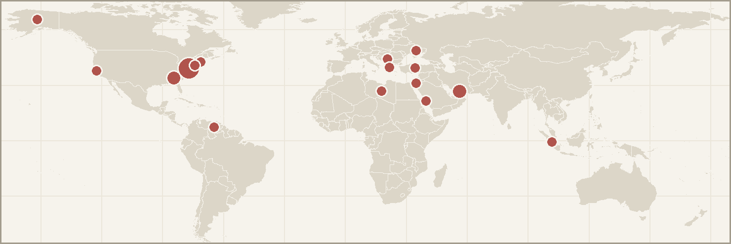 Map of today's story locations: Strait of Hormuz, Mecca, Dnipro, Washington, Alaska, Boston, Atlanta, Israel, Venezuela, Serbia, Greece, Turkey, Libya, Indonesia, San Francisco, New York City.